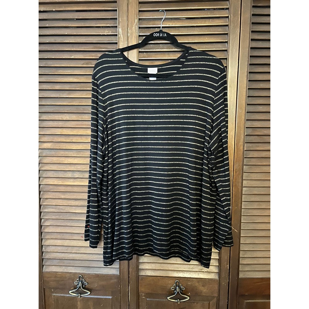 CHICOS Long Sleeve Black Top with Gold Shimmer Stripes (Size 4)